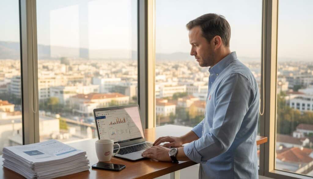 Marketing manager reviewing social campaign workspace