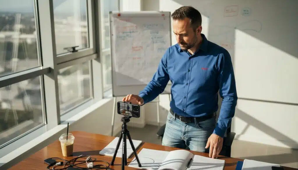 Business owner filming marketing video in office