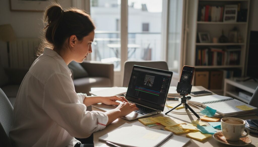 Marketer edits video for sales at cluttered table