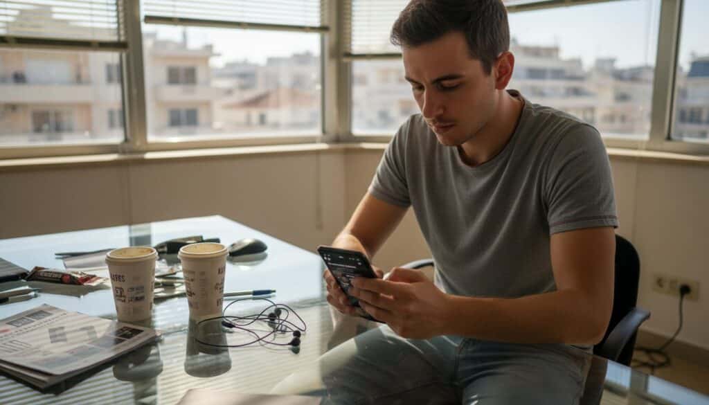 Ένας άνδρας επεξεργάζεται βίντεο για το TikTok πάνω σε ένα γεμάτο χαρτιά και αντικείμενα γραφείο στη δουλειά του.