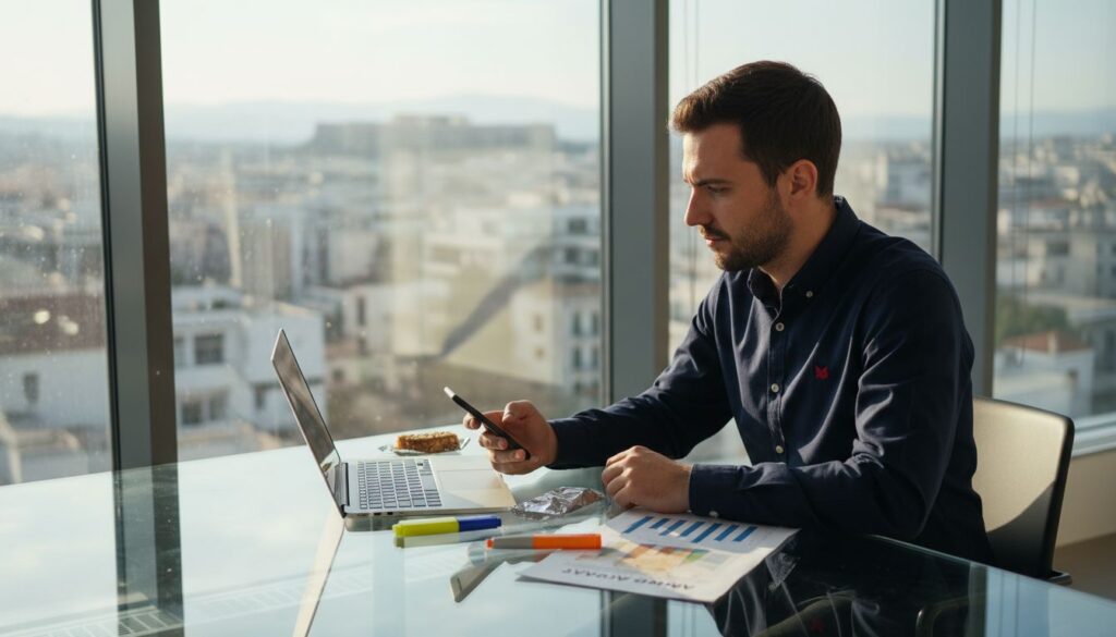 Ένας επαγγελματίας του μάρκετινγκ κάθεται στο γραφείο του, μελετώντας αναλυτικά γραφήματα και στατιστικά από τα μέσα κοινωνικής δικτύωσης.