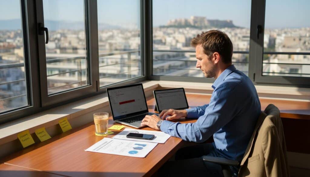 Άνδρας που εργάζεται ταυτόχρονα σε διάφορες συσκευές και πλατφόρμες