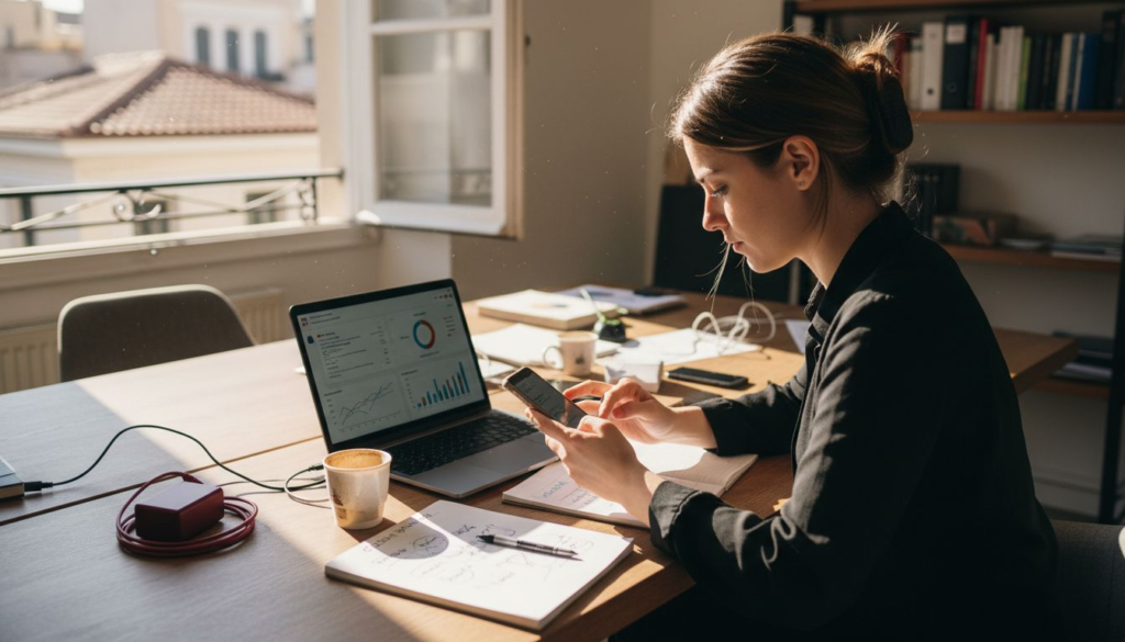 Νεαρός επιχειρηματίας αξιοποιεί τα social media στο φωτεινό του γραφείο.