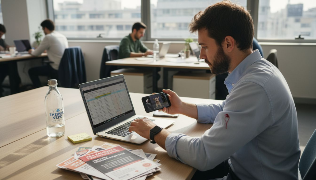 Μάνατζερ μάρκετινγκ σκρολάρει στο TikTok πάνω από ένα γραφείο γεμάτο χαρτιά και καφέδες.