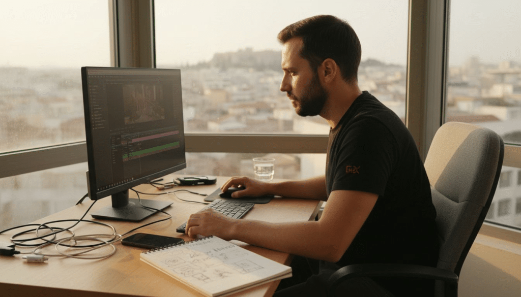 Ένας digital marketer επεξεργάζεται βίντεο σε ένα φωτεινό, μοντέρνο γραφείο.