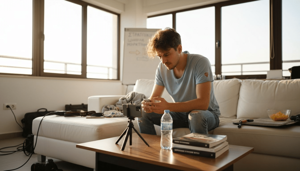 Μάρκετερ ετοιμάζει σύντομο βίντεο μέσα στο γραφείο του