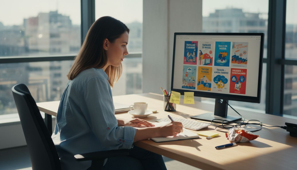 Ένας marketer ελέγχει τις δημιουργικές προτάσεις για διαφημιστική καμπάνια στον χώρο του γραφείου.