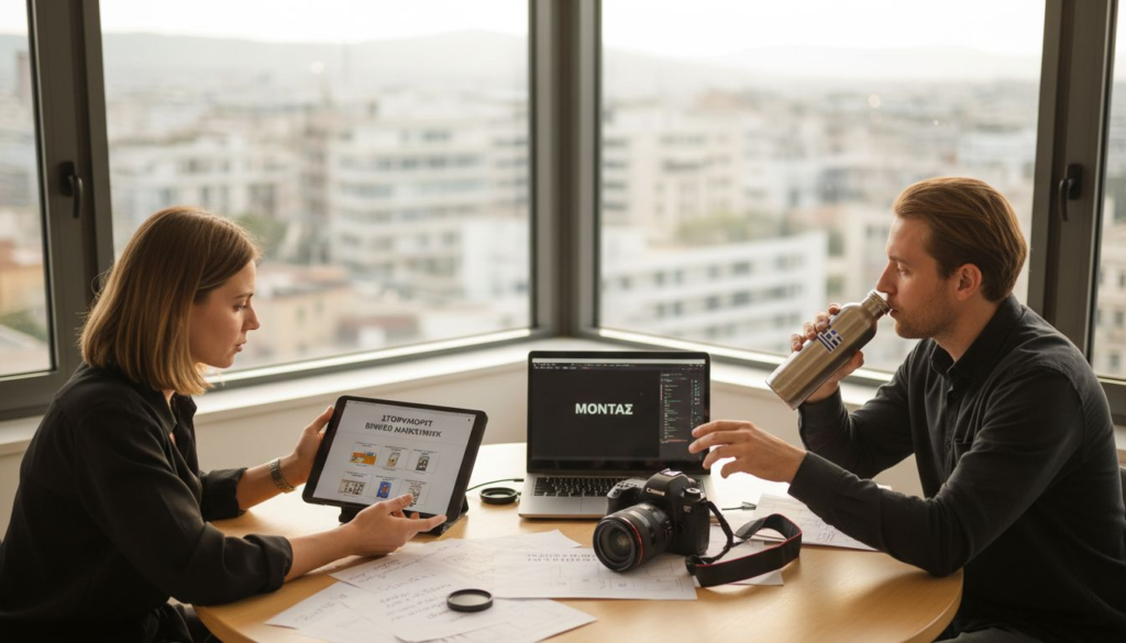 Η δημιουργική ομάδα οργανώνει την επόμενη καμπάνια βίντεο στο γραφείο, συζητώντας ιδέες και στρατηγικές για το μάρκετινγκ.