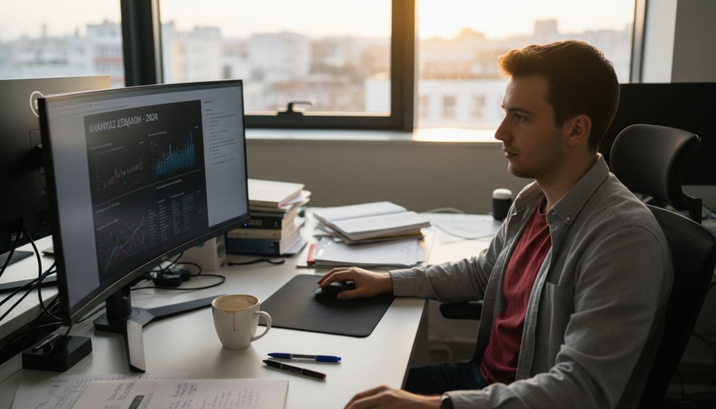 Ένας άνδρας παρακολουθεί διαφημιστικό βίντεο ενώ βρίσκεται στο γραφείο του.