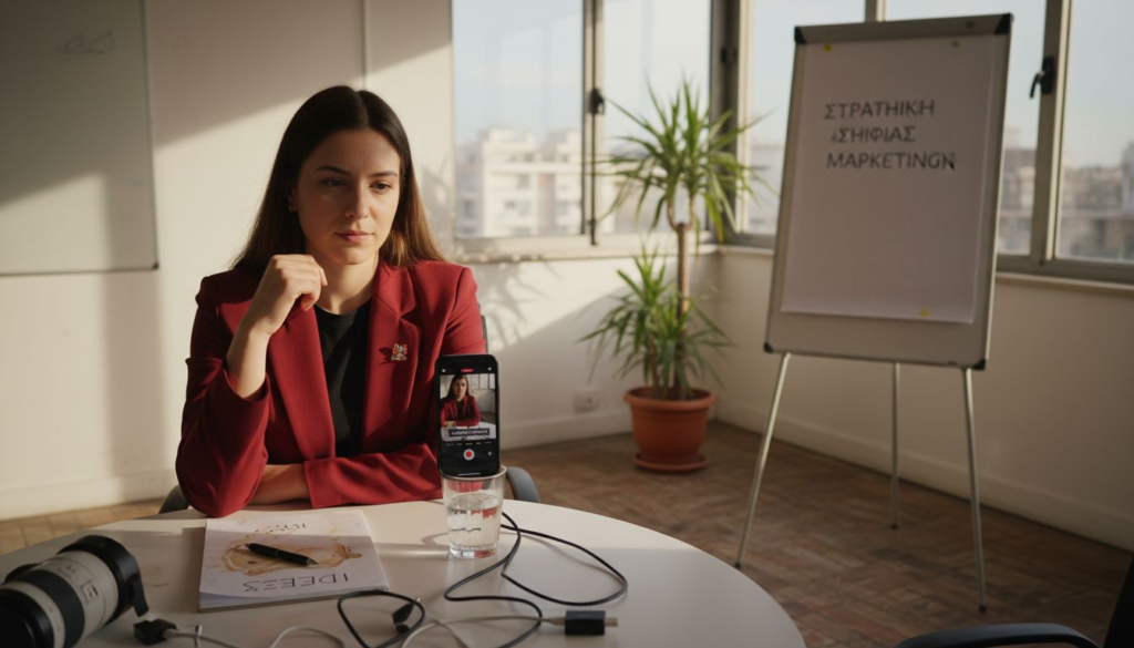 Ένας επαγγελματίας του μάρκετινγκ ετοιμάζει ένα σύντομο βίντεο μέσα σε γραφείο στο κέντρο της πόλης.