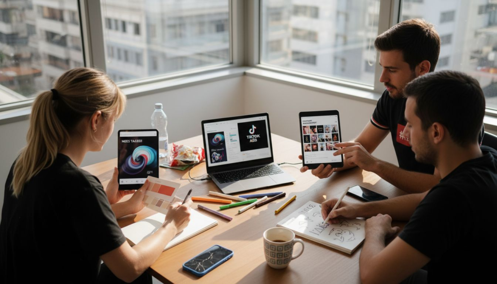 Συνεργατική ανταλλαγή ιδεών στην ομάδα για δημιουργικές διαφημίσεις σε TikTok και Instagram