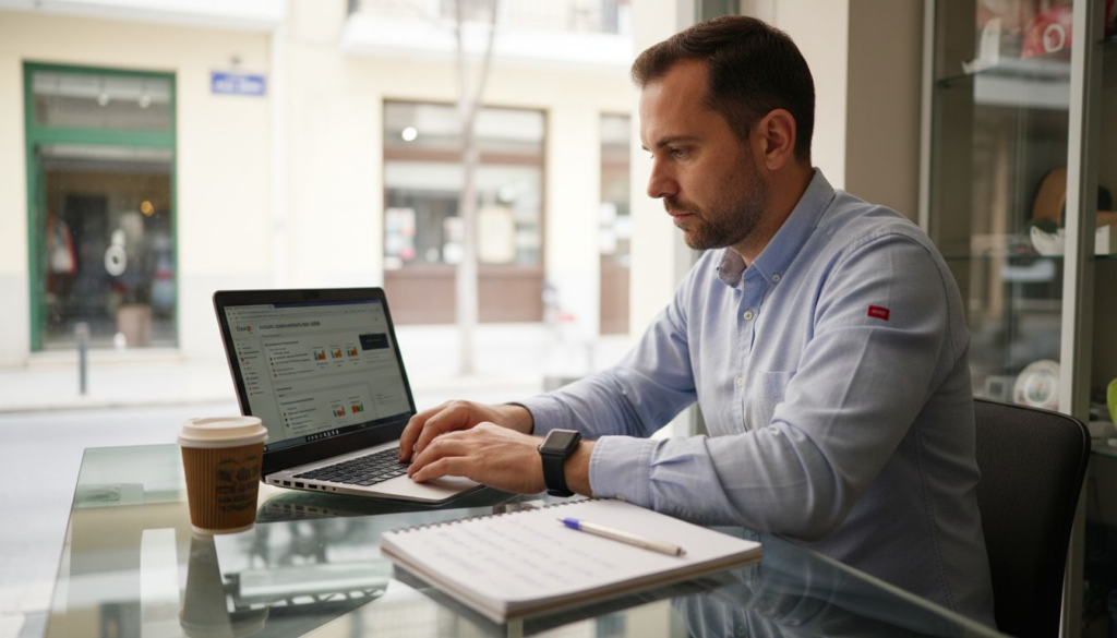 Ιδιοκτήτης μικρής επιχείρησης κάθεται στο γραφείο του και εξετάζει τις διαφημίσεις Google, προσπαθώντας να βρει τρόπους να βελτιώσει την προβολή της επιχείρησής του.
