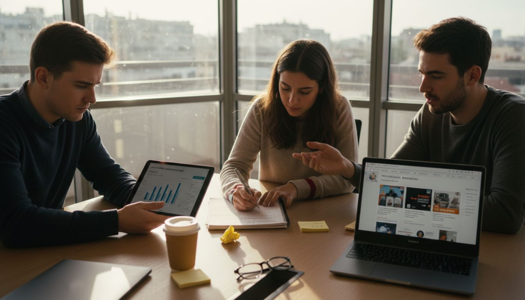 Η ομάδα συγκεντρωμένη γύρω από ένα γεμάτο γραφείο, ανταλλάσσει ιδέες και συζητά δημιουργικά πάνω σε διάφορα θέματα.