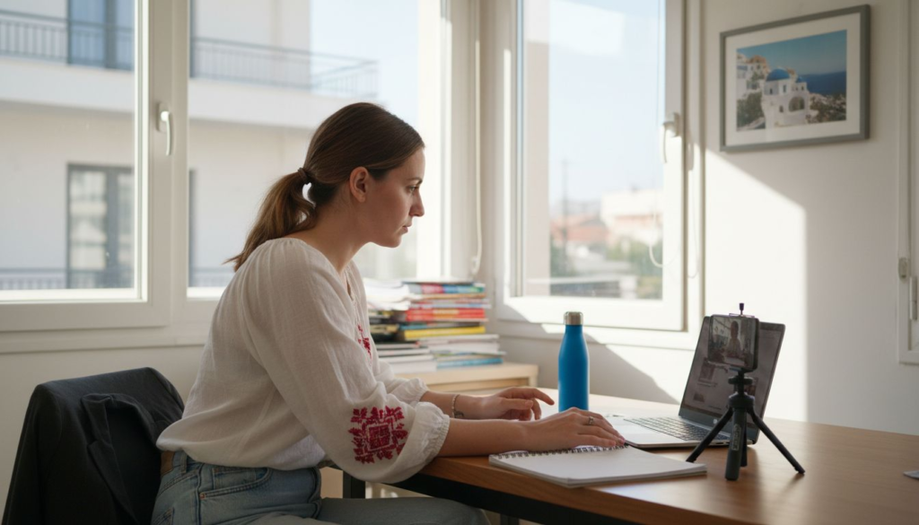Μια γυναίκα γυρίζει ένα σύντομο διαφημιστικό βίντεο σε ένα φωτεινό, μοντέρνο γραφείο.