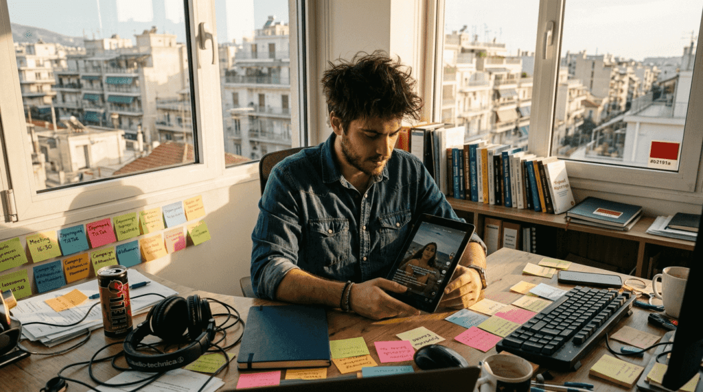 Ειδικός αναλύει τις τελευταίες τάσεις του TikTok στο γραφείο του.