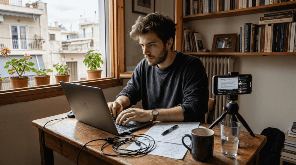 Ένας νέος βιντεογράφος ετοιμάζει τα πρώτα του γυρίσματα μέσα στο γραφείο.