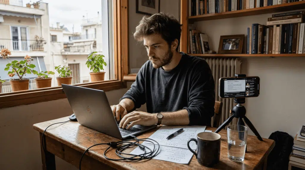Ένας νέος βιντεογράφος ετοιμάζει τα πρώτα του γυρίσματα μέσα στο γραφείο.