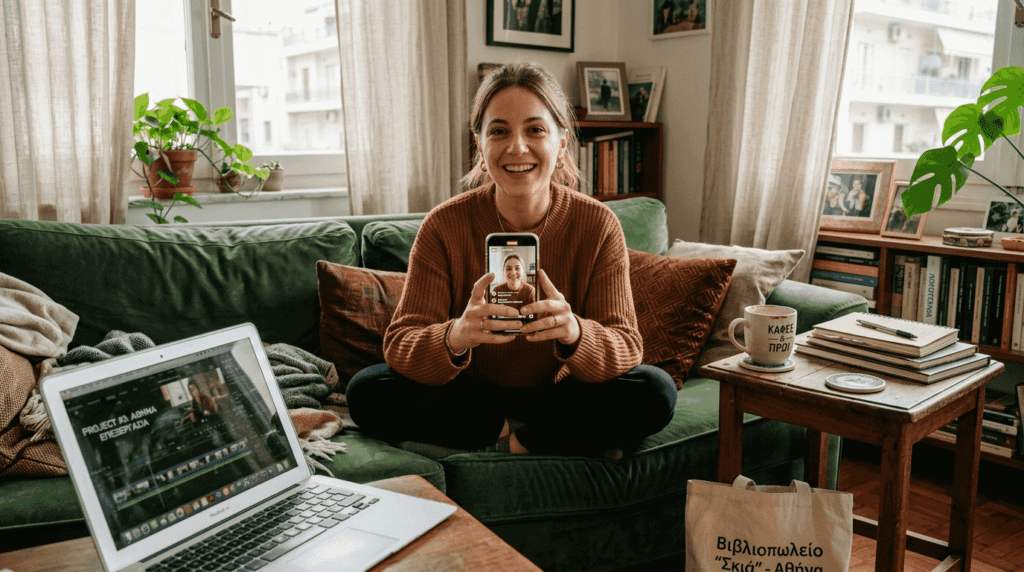 Ένας micro-influencer γυρίζει βίντεο καθισμένος στον καναπέ του, μοιράζοντας καθημερινές στιγμές με το κοινό του.
