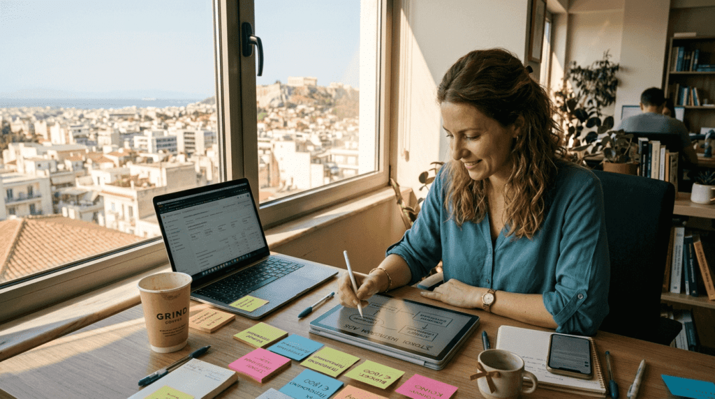 Έμπειρος στρατηγικός σύμβουλος οργανώνει καμπάνια διαφημίσεων στο Instagram, δουλεύοντας μεθοδικά στο γραφείο του.