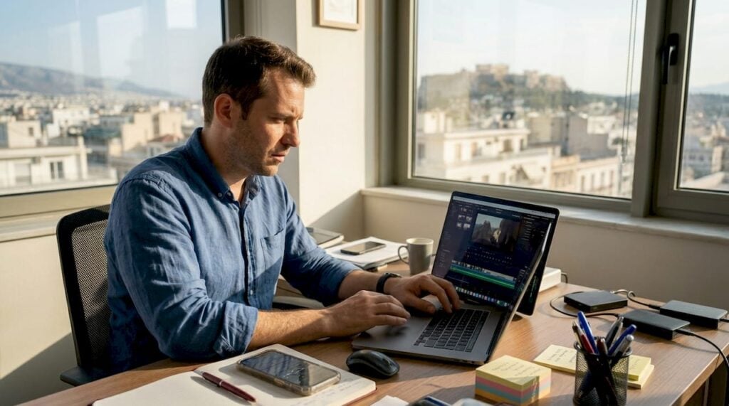 Ένας άνδρας επεξεργάζεται βίντεο στο γραφείο μιας μικρομεσαίας επιχείρησης.