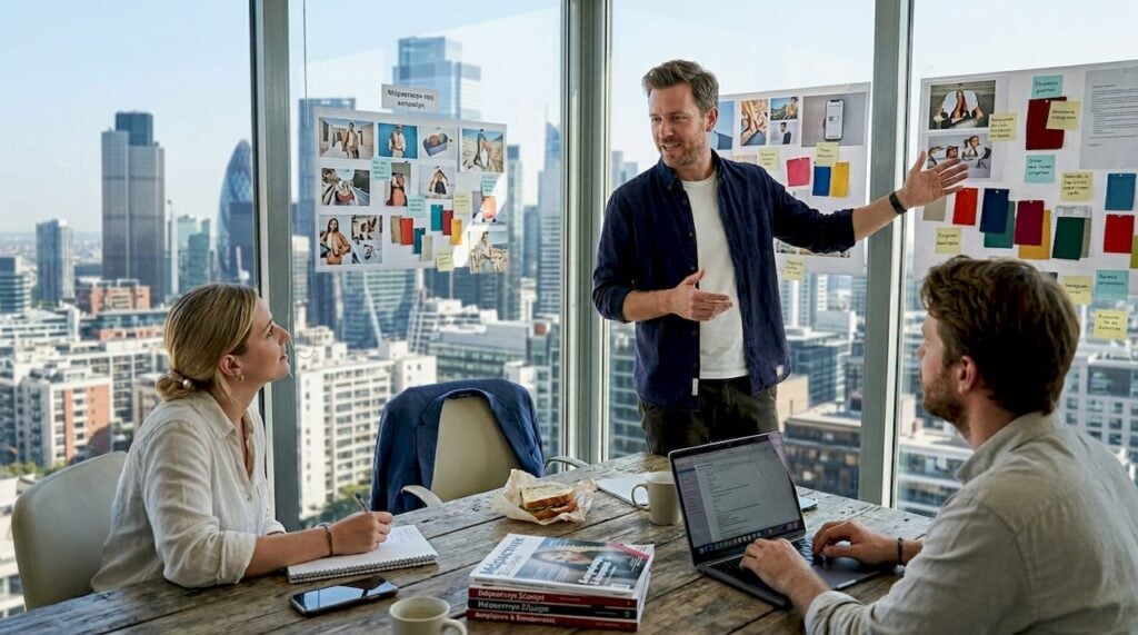 Ο υπεύθυνος του brand συντονίζει δημιουργική συνάντηση με την ομάδα του.