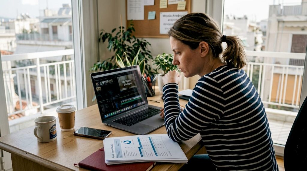 Ο διευθυντής επιμελείται το μοντάζ ενός βίντεο για τα social media στο γραφείο του.