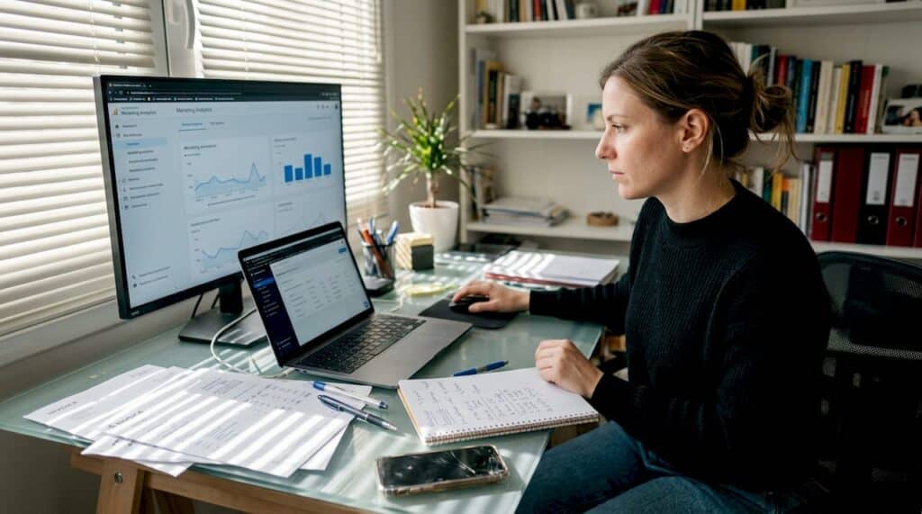 Μια γυναίκα εργάζεται από το σπίτι της, αναλύοντας τα στατιστικά των καμπανιών marketing στον υπολογιστή της.