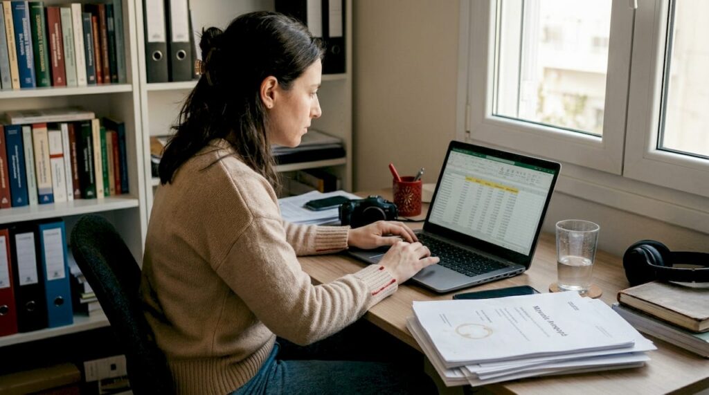 Μια γυναίκα εργάζεται από το σπίτι της, μελετώντας τα στατιστικά στοιχεία στον υπολογιστή της.