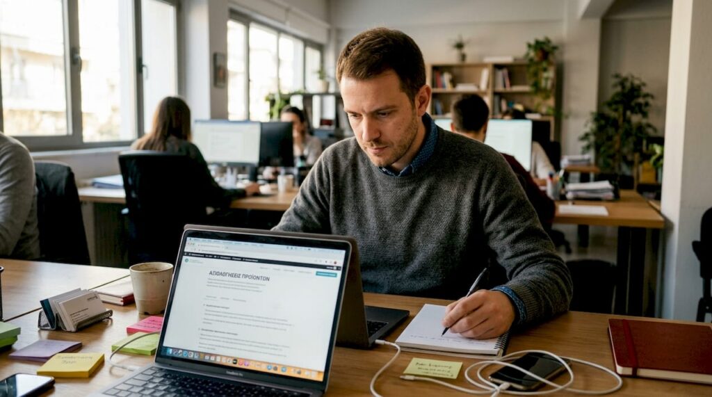 Η υπεύθυνη μάρκετινγκ κάθεται στο γραφείο της και διαβάζει προσεκτικά τις διαδικτυακές αξιολογήσεις των πελατών, συγκεντρώνοντας σχόλια για να εντοπίσει ευκαιρίες βελτίωσης.