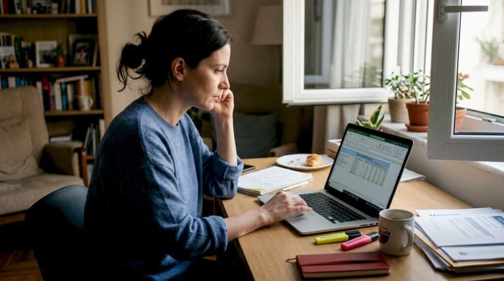 Μια δυναμική επιχειρηματίας κάθεται στο γραφείο της, γεμάτο χαρτιά και σημειώσεις, και εστιάζει στους στόχους της νέας καμπάνιας που ετοιμάζει.