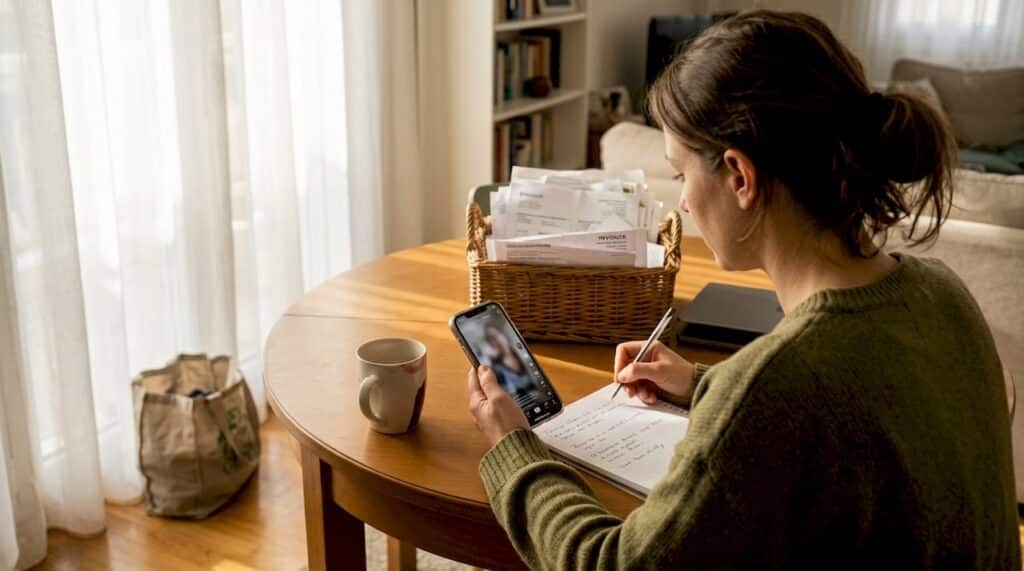 Ένας επιχειρηματίας κάθεται στο τραπέζι του σπιτιού του και χαζεύει το TikTok στο κινητό του.