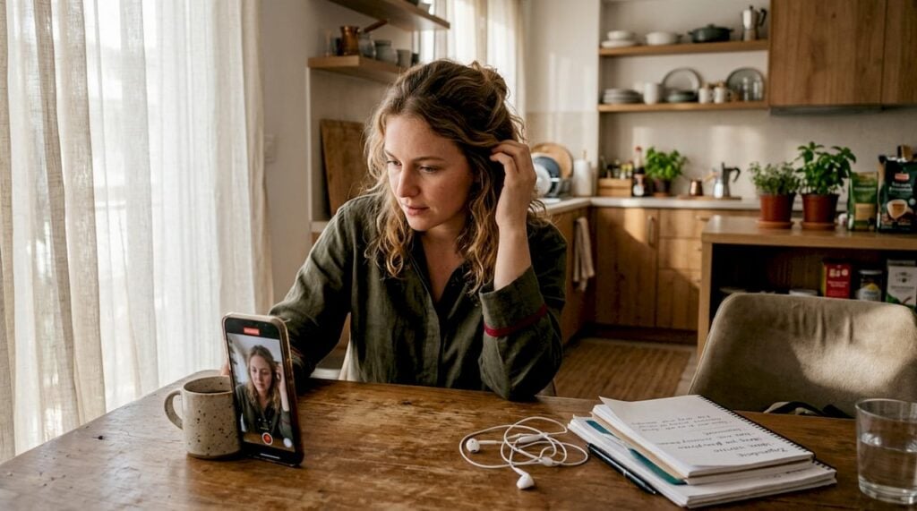 Μια γυναίκα δημιουργεί βίντεο για τα social media στην κουζίνα του σπιτιού της.