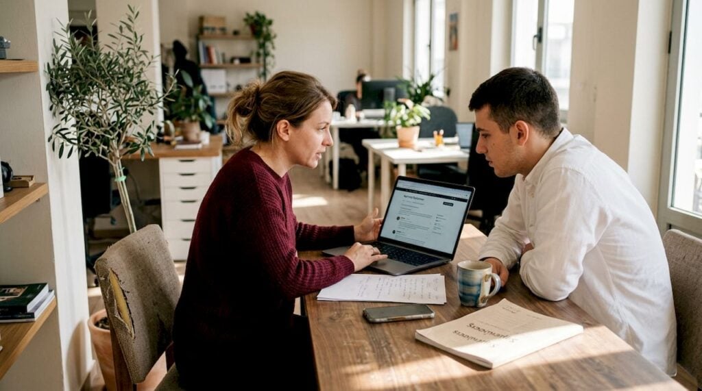Συνάδελφοι συζητούν στο γραφείο για τη σημασία της κοινωνικής απόδειξης και πώς αυτή μπορεί να επηρεάσει τις αποφάσεις της ομάδας.