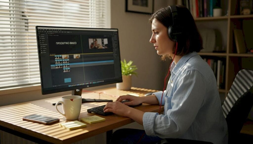 Κάποιος επεξεργάζεται βίντεο για διαφημιστική καμπάνια από το γραφείο του στο σπίτι.