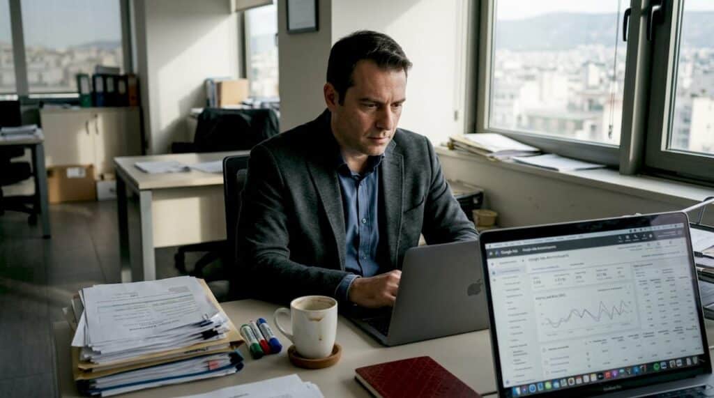 Ο επιχειρηματίας αξιοποιεί τις δυνατότητες του Google Ads για την προώθηση της επιχείρησής του.