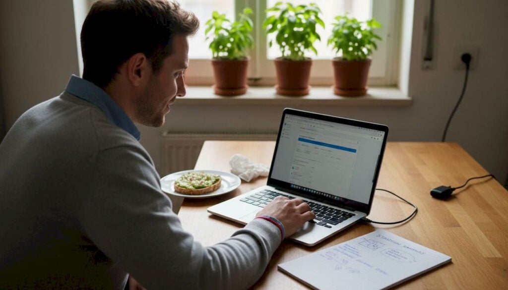 Ένας digital marketer εργάζεται με το laptop του πάνω στο τραπέζι της κουζίνας.