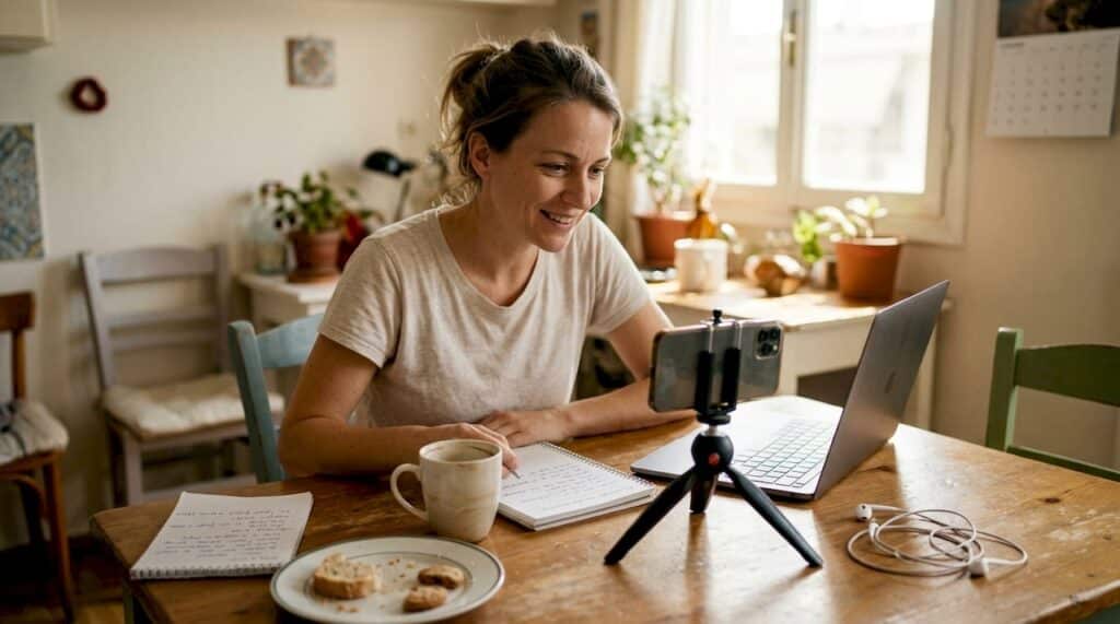 Μια γυναίκα ετοιμάζει βίντεο στο τραπέζι της κουζίνας της