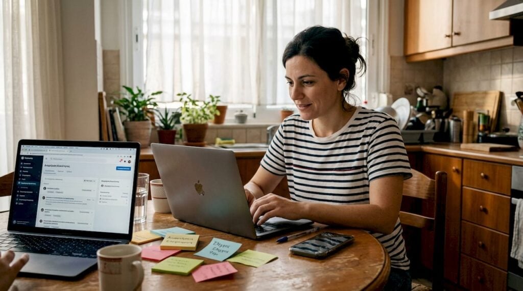 Μια γυναίκα συντονίζει τη συζήτηση της ομάδας της, καθισμένη γύρω από το τραπέζι της κουζίνας, δημιουργώντας μια ζεστή και φιλική ατμόσφαιρα για όλους.