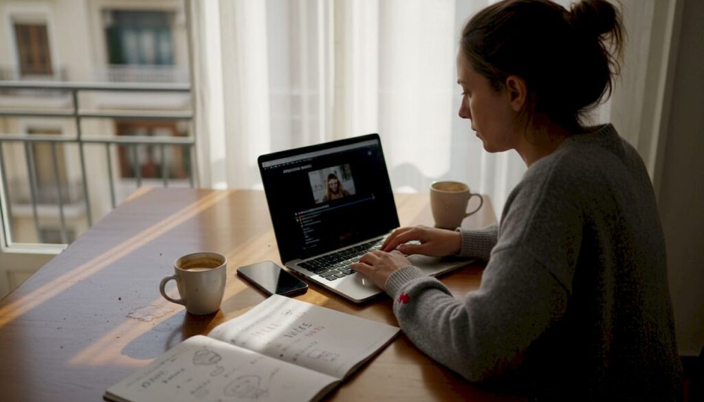 Μια γυναίκα δουλεύει πάνω στην επεξεργασία ενός σύντομου βίντεο, καθισμένη στο τραπέζι της κουζίνας.