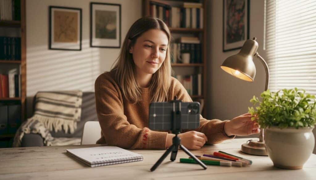 Μια γυναίκα ετοιμάζει το κινητό της για να ξεκινήσει βιντεοσκόπηση.