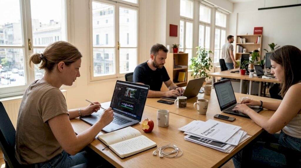 Η ομάδα digital marketing συνεργάζεται δημιουργικά γύρω από το τραπέζι στο γραφείο, ανταλλάζοντας ιδέες και σχεδιάζοντας την επόμενη καμπάνια.