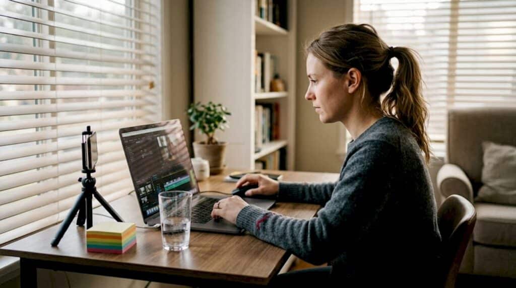 Ένας επιχειρηματίας δουλεύει στον υπολογιστή του, επεξεργάζοντας βίντεο στο γραφείο του.