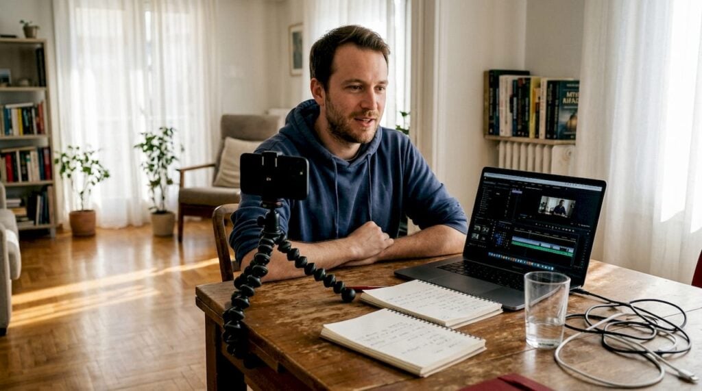 Ένας νεαρός κάθεται στο τραπέζι του σπιτιού του και τραβάει βίντεο.