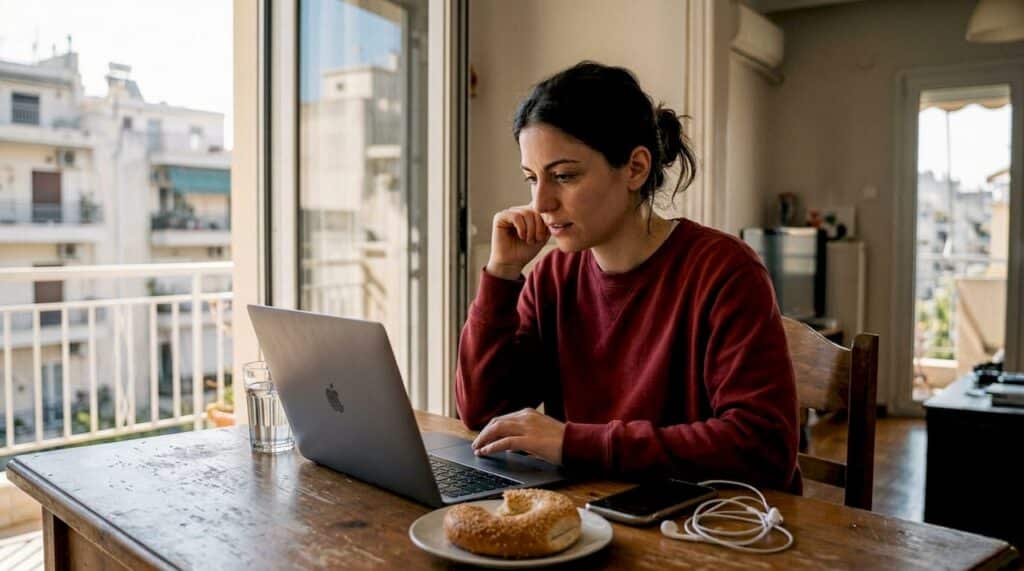 Ένας marketer κάθεται στην κουζίνα του και μελετάει τα social media για να βγάλει χρήσιμα συμπεράσματα.