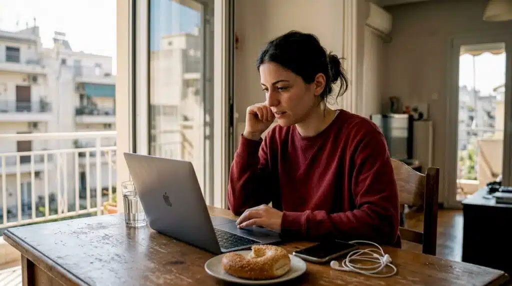 Ένας marketer κάθεται στην κουζίνα του και μελετάει τα social media για να βγάλει χρήσιμα συμπεράσματα.