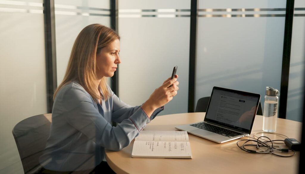 Μια γυναίκα καταγράφει βίντεο κατά τη διάρκεια μιας συνάντησης στην αίθουσα συνεδριάσεων.