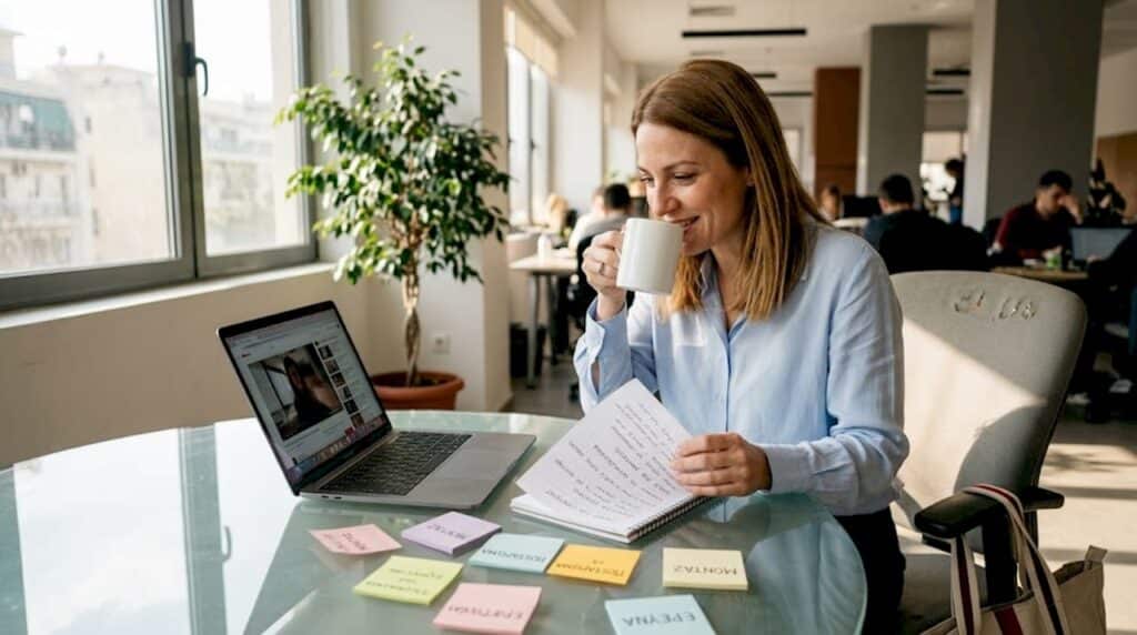 Μια γυναίκα κάθεται στο γραφείο της και σκέφτεται δημιουργικές ιδέες για βίντεο με λίστες, προσπαθώντας να βρει το επόμενο πρωτότυπο θέμα που θα τραβήξει το ενδιαφέρον του κοινού.