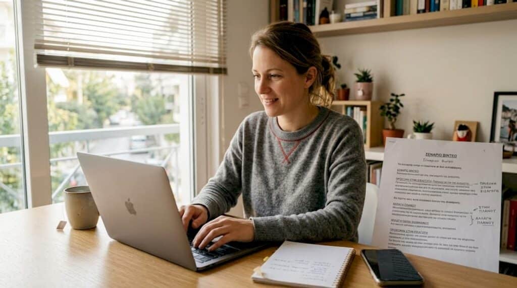 Μια γυναίκα κάθεται στο γραφείο του σπιτιού της και γράφει το σενάριο για ένα βίντεο.