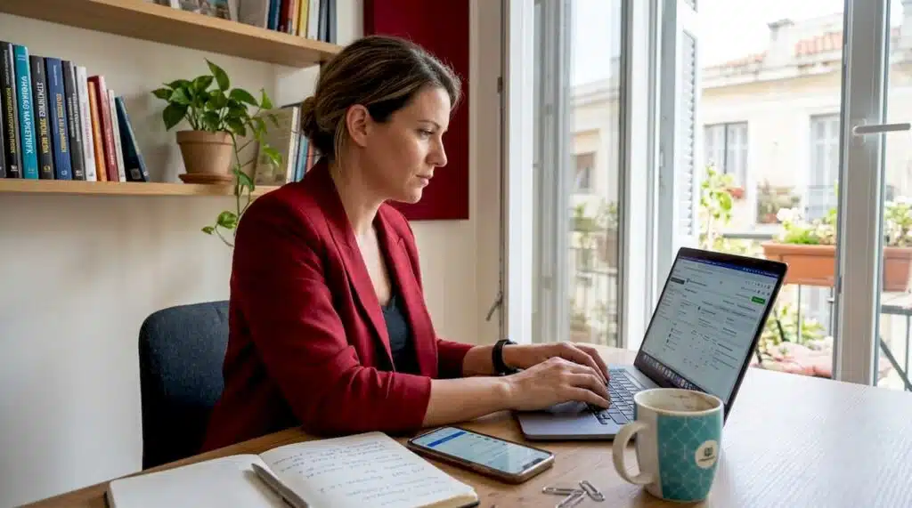 Μια γυναίκα ασχολείται με τη διαχείριση ψηφιακών διαφημίσεων σε ένα σύγχρονο γραφείο.
