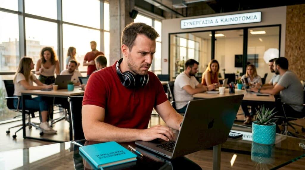 Ένας marketer επεξεργάζεται βίντεο στο γραφείο του στο σπίτι.